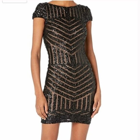 Dress The Population Tabitha Black Sequin Cocktail Party Mini Dress Size S - Picture 2 of 13